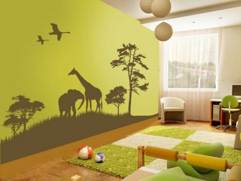 Jungle themed and decorated kids room