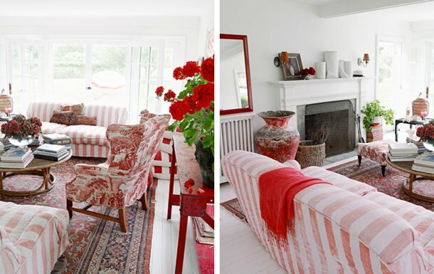 living room design with red furniture