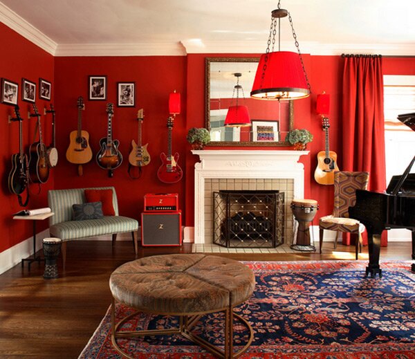 living room design with red wall