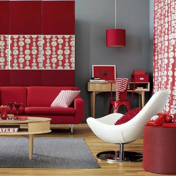 red living room design with accessories