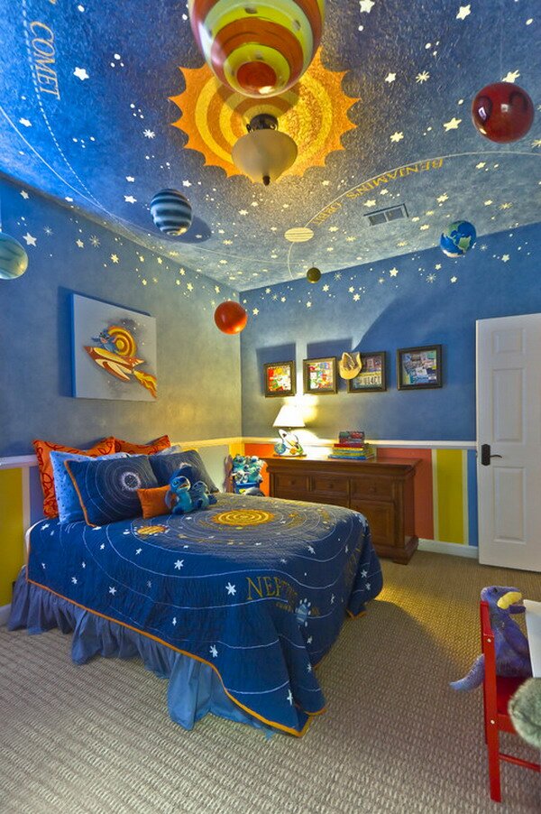 very creative space themed kids room