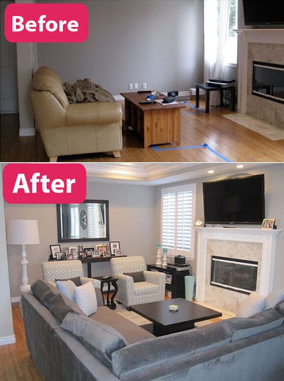 living room remodelling before after photo