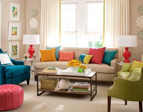 colorful living room furniture and pillows