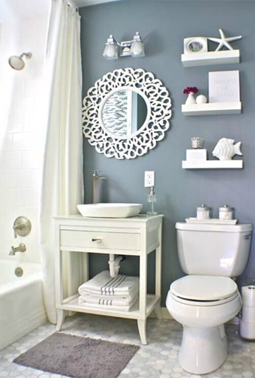 light blue small bathroom