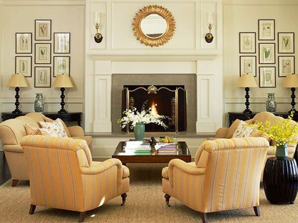 living room decor with antique fireplace