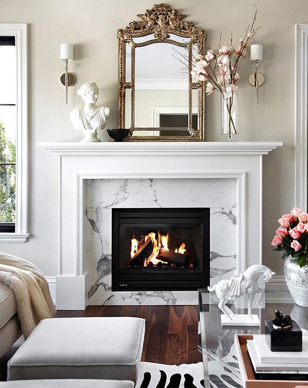 white stylish living room with chic fireplace