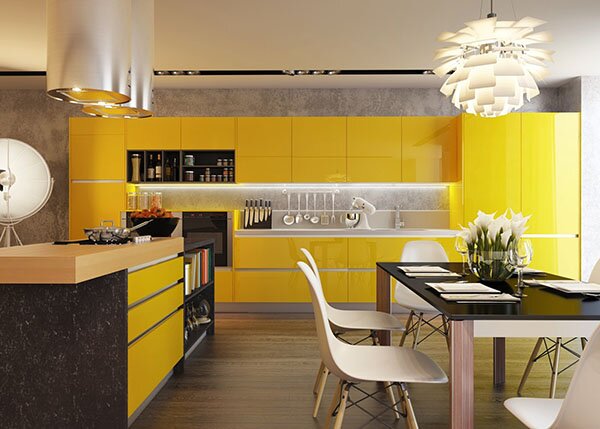 modern kitchen with yellow stylish cabinets