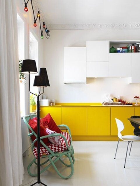 yellow and white kitchen cabinets