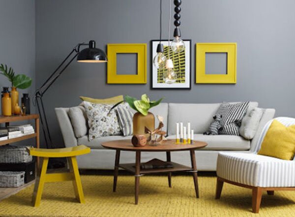 cosy yellow and gray living room